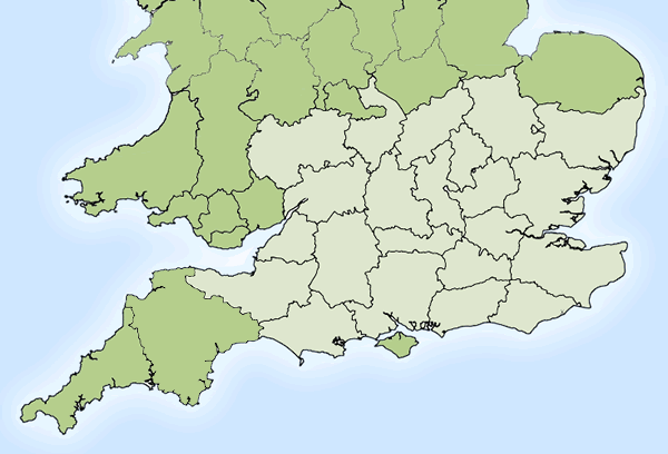 Map of Southern Britain showing areas covered by Malbrook Joinery